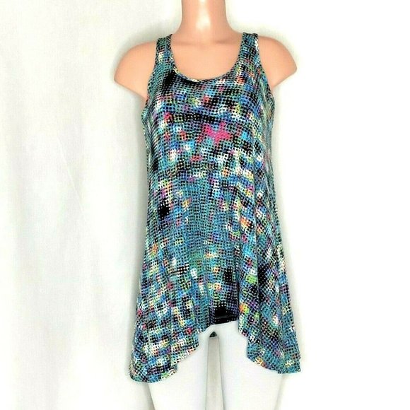CAbi 301 Multicolor Racerback Sleeveless Jersey Tunic Top Hook Trim Shark Bite - Picture 1 of 8